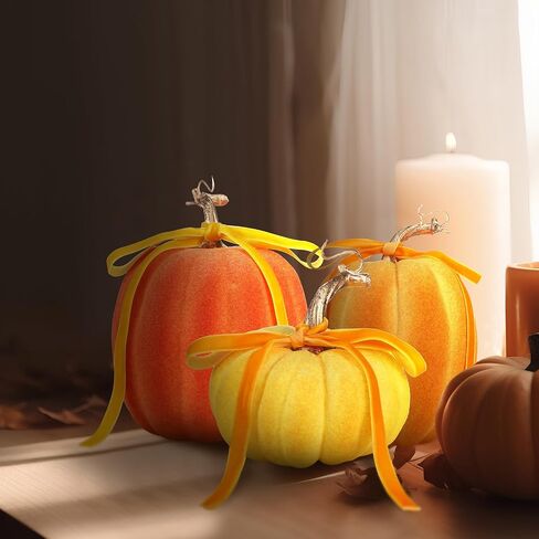 Wesiti 3 Pack Large Artificial Flocked Pumpkins, 7.9 Inch 6.7inch 3.9 Inch Fall Fake Foam Pumpkins for Autumn Home Decor Halloween Thanksgiving Table Centerpiece Decor(Brown) in Saudi Arabia