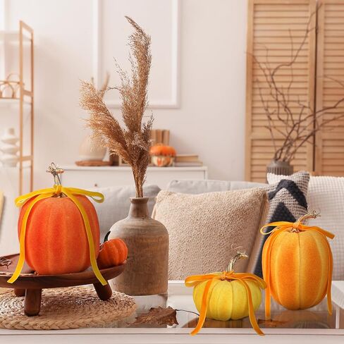 Wesiti 3 Pack Large Artificial Flocked Pumpkins, 7.9 Inch 6.7inch 3.9 Inch Fall Fake Foam Pumpkins for Autumn Home Decor Halloween Thanksgiving Table Centerpiece Decor(Brown) in Saudi Arabia