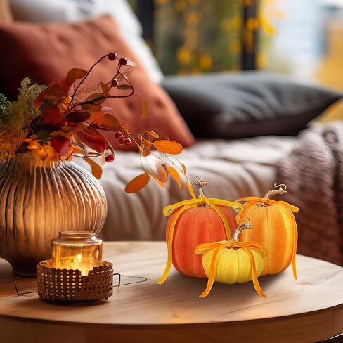 Wesiti 3 Pack Large Artificial Flocked Pumpkins, 7.9 Inch 6.7inch 3.9 Inch Fall Fake Foam Pumpkins for Autumn Home Decor Halloween Thanksgiving Table Centerpiece Decor(Brown) in Saudi Arabia