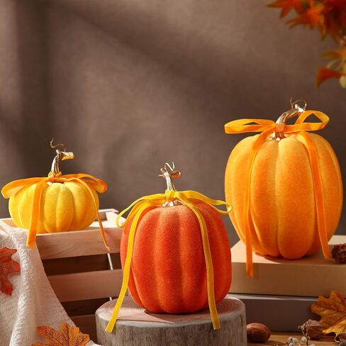 Wesiti 3 Pack Large Artificial Flocked Pumpkins, 7.9 Inch 6.7inch 3.9 Inch Fall Fake Foam Pumpkins for Autumn Home Decor Halloween Thanksgiving Table Centerpiece Decor(Brown) in Saudi Arabia