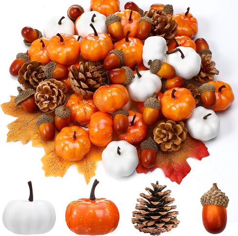 Yookeer 120pcs Mini Pumpkins Acorns Pine Cones Fall Decoration Thanksgiving Artificial Small Pumpkins Fake Props Bulk Rustic Vase Filler for Autumn Harvest DIY Craft Table Centerpiece(Lovely Color) in Saudi Arabia