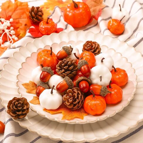 Yookeer 120pcs Mini Pumpkins Acorns Pine Cones Fall Decoration Thanksgiving Artificial Small Pumpkins Fake Props Bulk Rustic Vase Filler for Autumn Harvest DIY Craft Table Centerpiece(Lovely Color) in Saudi Arabia