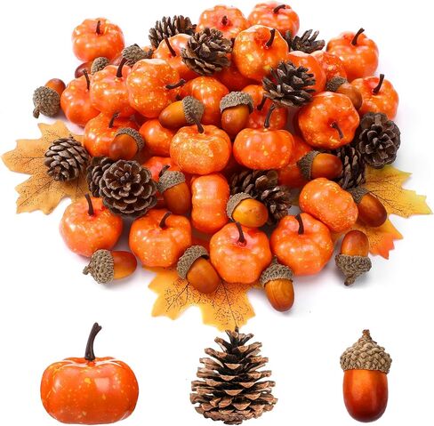 Yookeer 120pcs Mini Pumpkins Acorns Pine Cones Fall Decoration Thanksgiving Artificial Small Pumpkins Fake Props Bulk Rustic Vase Filler for Autumn Harvest DIY Craft Table Centerpiece(Lovely Color) in Saudi Arabia