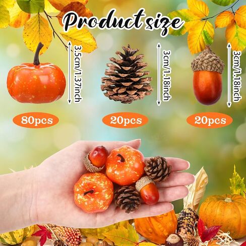 Yookeer 120pcs Mini Pumpkins Acorns Pine Cones Fall Decoration Thanksgiving Artificial Small Pumpkins Fake Props Bulk Rustic Vase Filler for Autumn Harvest DIY Craft Table Centerpiece(Lovely Color) in Saudi Arabia