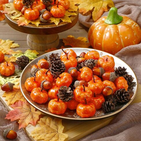 Yookeer 120pcs Mini Pumpkins Acorns Pine Cones Fall Decoration Thanksgiving Artificial Small Pumpkins Fake Props Bulk Rustic Vase Filler for Autumn Harvest DIY Craft Table Centerpiece(Lovely Color) in Saudi Arabia