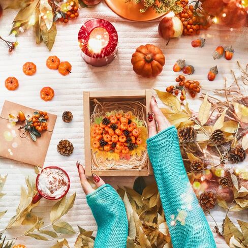 Yookeer 120pcs Mini Pumpkins Acorns Pine Cones Fall Decoration Thanksgiving Artificial Small Pumpkins Fake Props Bulk Rustic Vase Filler for Autumn Harvest DIY Craft Table Centerpiece(Lovely Color) in Saudi Arabia