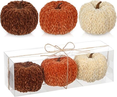 DILATATA 3 Pcs Knitted Yarn Pumpkins with Gift Box, Velvet Pumpkins 3.5" Fall Plush Pumpkins for Tiered Tray Decor, Rustic Farmhouse Thanksgiving Halloween Fall Decor for Home, Table, Kitchen, Shelf in Saudi Arabia