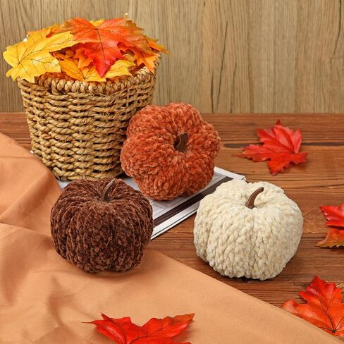 DILATATA 3 Pcs Knitted Yarn Pumpkins with Gift Box, Velvet Pumpkins 3.5" Fall Plush Pumpkins for Tiered Tray Decor, Rustic Farmhouse Thanksgiving Halloween Fall Decor for Home, Table, Kitchen, Shelf in Saudi Arabia
