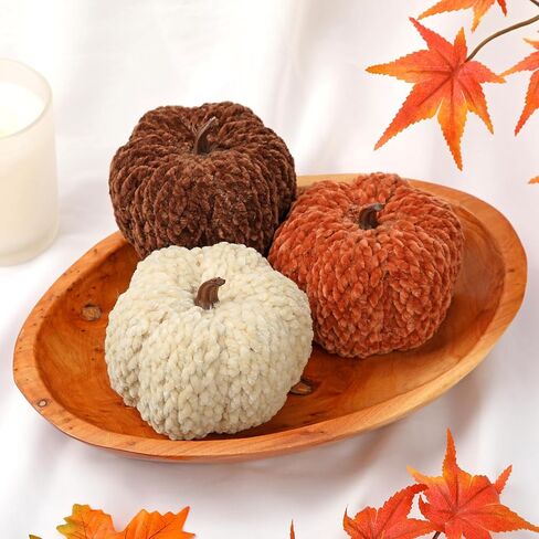 DILATATA 3 Pcs Knitted Yarn Pumpkins with Gift Box, Velvet Pumpkins 3.5" Fall Plush Pumpkins for Tiered Tray Decor, Rustic Farmhouse Thanksgiving Halloween Fall Decor for Home, Table, Kitchen, Shelf in Saudi Arabia