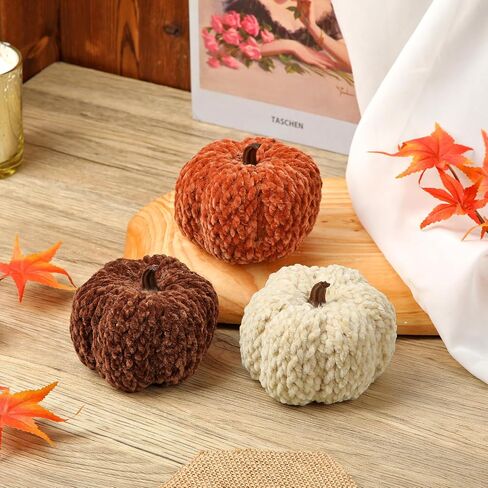 DILATATA 3 Pcs Knitted Yarn Pumpkins with Gift Box, Velvet Pumpkins 3.5" Fall Plush Pumpkins for Tiered Tray Decor, Rustic Farmhouse Thanksgiving Halloween Fall Decor for Home, Table, Kitchen, Shelf in Saudi Arabia