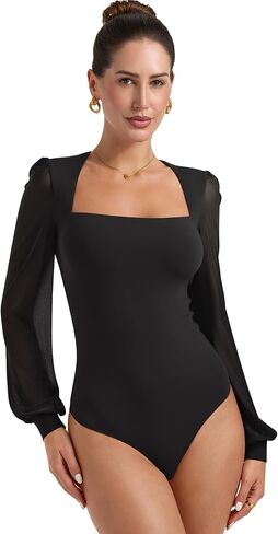 PINKMSTYLE Women's Square Neck Double Lined Mesh Long Sleeve Bodysuits Slim fit Trendy Going Out Tops Shirts in Kuwait