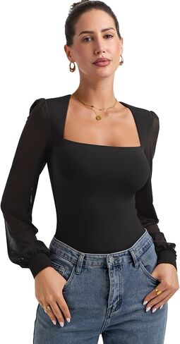 PINKMSTYLE Women's Square Neck Double Lined Mesh Long Sleeve Bodysuits Slim fit Trendy Going Out Tops Shirts in Kuwait