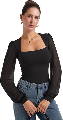 PINKMSTYLE Women's Square Neck Double Lined Mesh Long Sleeve Bodysuits Slim fit Trendy Going Out Tops Shirts in Kuwait