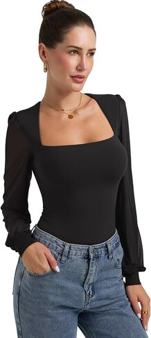 PINKMSTYLE Women's Square Neck Double Lined Mesh Long Sleeve Bodysuits Slim fit Trendy Going Out Tops Shirts in Kuwait