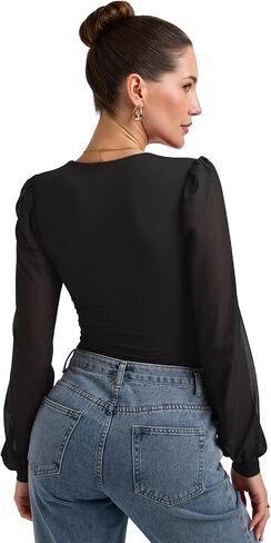 PINKMSTYLE Women's Square Neck Double Lined Mesh Long Sleeve Bodysuits Slim fit Trendy Going Out Tops Shirts in Kuwait
