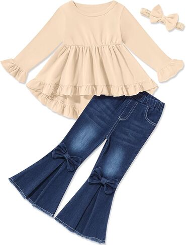 oklady Todder Kids Girls Clothes Solid Color Ruffles Top Bow Flared Jeans 2PCS Fall Girls Clothing Set 18M-7Years in Kuwait