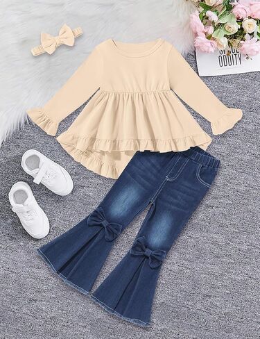 oklady Todder Kids Girls Clothes Solid Color Ruffles Top Bow Flared Jeans 2PCS Fall Girls Clothing Set 18M-7Years in Kuwait