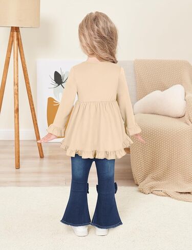oklady Todder Kids Girls Clothes Solid Color Ruffles Top Bow Flared Jeans 2PCS Fall Girls Clothing Set 18M-7Years in Kuwait