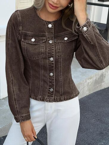 Tankaneo Womens Cropped Jean Jacket Trendy Crewneck Button Down Short Denim Jacket Y2k Slim Fit Casual Shacket in Saudi Arabia