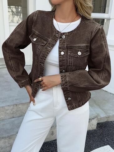 Tankaneo Womens Cropped Jean Jacket Trendy Crewneck Button Down Short Denim Jacket Y2k Slim Fit Casual Shacket in Saudi Arabia