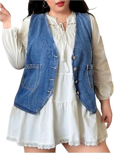 OYOANGLE Women's Plus Size Sleeveless Button Down Jean Jacket V Neck Denim Vest with Dual Pockets in Saudi Arabia