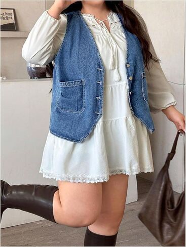 OYOANGLE Women's Plus Size Sleeveless Button Down Jean Jacket V Neck Denim Vest with Dual Pockets in Saudi Arabia