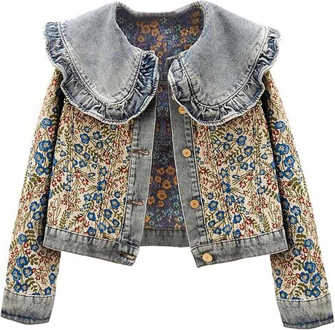 Kedera Women's Jacquard Denim Jacket Long Sleeve Peter Pan Collar Floral Crop Jean Jackets Button Down Denim Shacket in Saudi Arabia