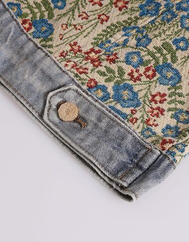 Kedera Women's Jacquard Denim Jacket Long Sleeve Peter Pan Collar Floral Crop Jean Jackets Button Down Denim Shacket in Saudi Arabia