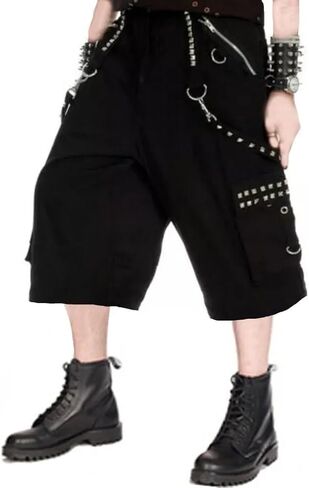 Darkrock Gothic Cargo Shorts with Chains, Black Metal Hardware, Punk Style in Saudi Arabia
