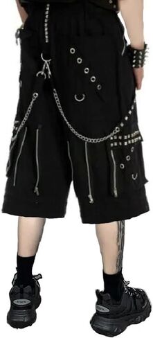 Darkrock Gothic Cargo Shorts with Chains, Black Metal Hardware, Punk Style in Saudi Arabia