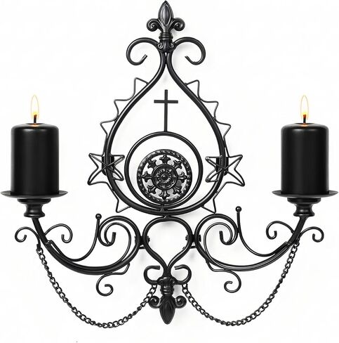 Black Iron Candle Sconces Handcrafted Wrought Gothic Wall Candle Holder,16.5" Tall Medieval Thorn Cross Wall Mounted Candleholder for Castle Theme Home, Halloween, Church Decor in Saudi Arabia