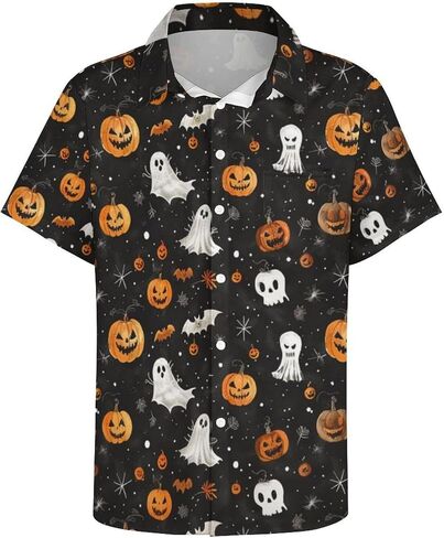 Men's Halloween Button Down Shirt Fun Pumpkin Print Short Sleeve Hawaiian Shirt Tops in Saudi Arabia
