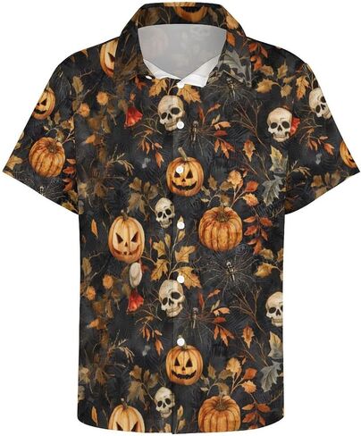 Men's Halloween Button Down Shirt Fun Pumpkin Print Short Sleeve Hawaiian Shirt Tops in Saudi Arabia