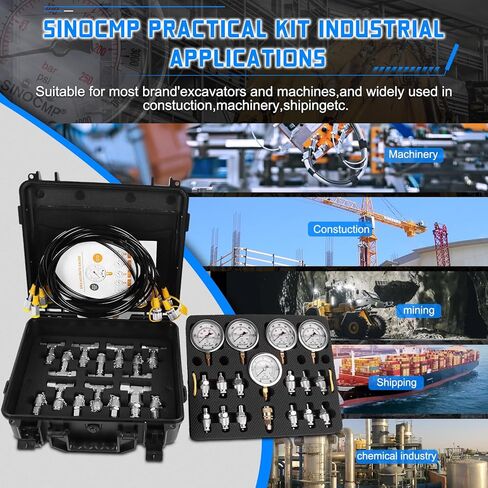 SINOCMP طقم الاختبار الهيدروليكي 5 مقاييس الضغط 3 خراطيم الاختبار 24 وصلات موصل اختبار مجموعة قياس لآلات البناء حفارة (أسود) in Kuwait