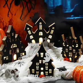 Bucherry 4 Pack Halloween Table Haunted House Decor Lighted Wooden Village Ghost House 3D Tabletop Decorations for Halloween Indoor Home Kitchen Desk Gift(New Style) in Saudi Arabia