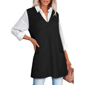 Sweater Vest Women Sleeveless V Neck Oversized Knit Tops Tunic Dress with Pockets Fall Fashion 2025 in Kuwait