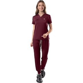 الدعك للنساء - V -Neck Top & Stretty Jogger Pants Scrubs مجموعة مع 5 جيوب in Saudi Arabia