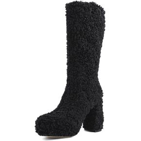 Mid Calf Fluffy Furry Boots Warm Platform Chunky High Heel Pull On Boots Fashion Winter shoes in Saudi Arabia