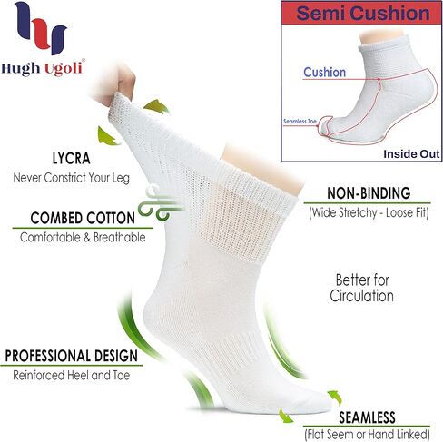 Hugh Ugoli Cotton Cotton Courbetic Colecle Socks ، Wide ، فضفاض ، مسدود ، إصبع القدم غير الملحوم ، نصف سادة غير ملزمة ، 3-6 أزواج in Kuwait