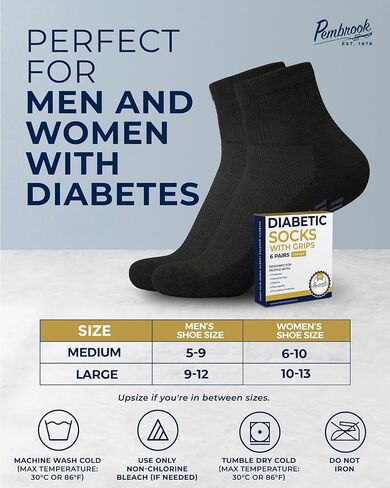 Pembrook 6 Pairs Diabetic Ankle Socks for Men & Women with Grips - 12 Colors Neuropathy Socks for Men | Non Slip | Edema in Kuwait