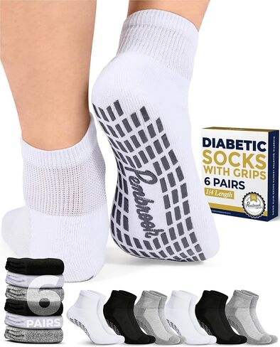 Pembrook 6 Pairs Diabetic Ankle Socks for Men & Women with Grips - 12 Colors Neuropathy Socks for Men | Non Slip | Edema in Kuwait