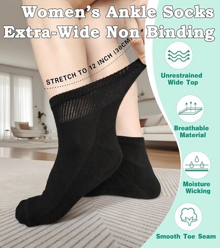 Women's Diabetic Ankle Socks Super Wide for Swollen Bariatric Feet, Neuropathy Non Binding Sock 4 Pairs in Saudi Arabia