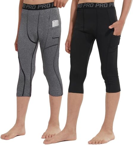 2 Pack Boys One Leg Persress Wits Youth 3/4 Football Pants Basketball Capri Leggings Athletic Baselayer Kids in Kuwait