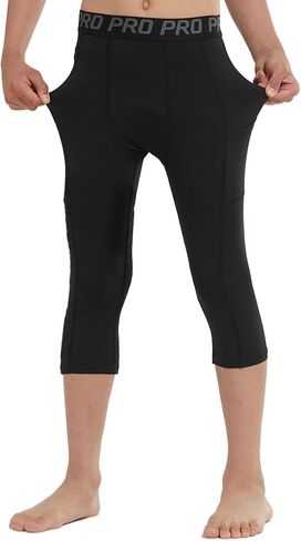 2 Pack Boys One Leg Persress Wits Youth 3/4 Football Pants Basketball Capri Leggings Athletic Baselayer Kids in Kuwait