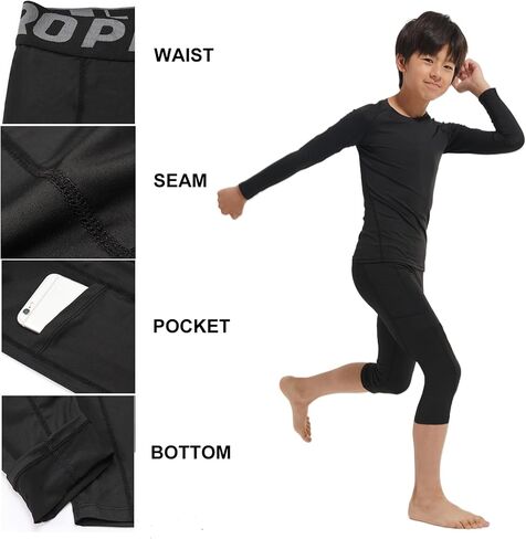 2 Pack Boys One Leg Persress Wits Youth 3/4 Football Pants Basketball Capri Leggings Athletic Baselayer Kids in Kuwait