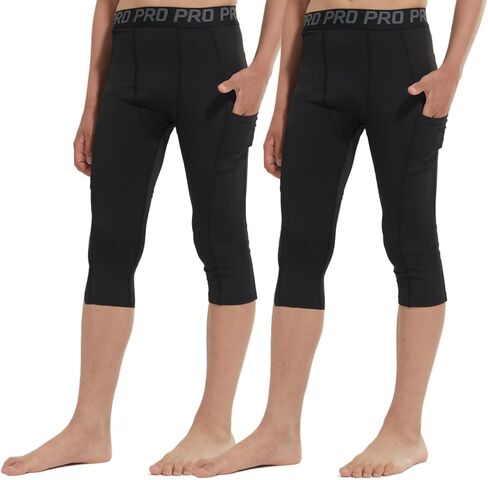 2 Pack Boys One Leg Persress Wits Youth 3/4 Football Pants Basketball Capri Leggings Athletic Baselayer Kids in Kuwait