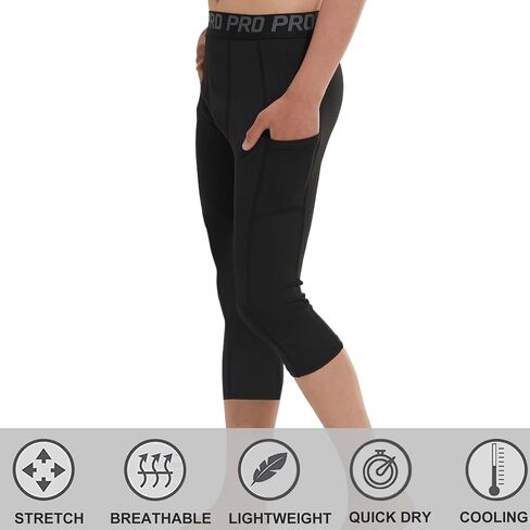 2 Pack Boys One Leg Persress Wits Youth 3/4 Football Pants Basketball Capri Leggings Athletic Baselayer Kids in Kuwait