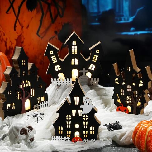 Bucherry 4 Pack Halloween Table Table Decored Decored Hounded House Village Ghost House 3D Tabletop Decorations for Halloween Indoor Home Kitchen Desk (New Style) in Saudi Arabia