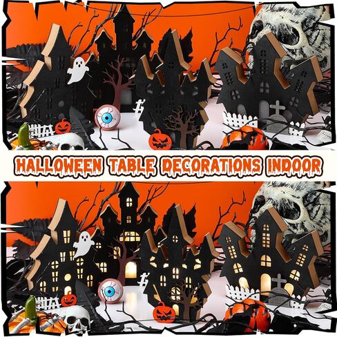 Bucherry 4 Pack Halloween Table Table Decored Decored Hounded House Village Ghost House 3D Tabletop Decorations for Halloween Indoor Home Kitchen Desk (New Style) in Saudi Arabia