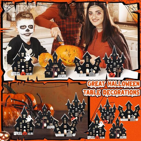 Bucherry 4 Pack Halloween Table Table Decored Decored Hounded House Village Ghost House 3D Tabletop Decorations for Halloween Indoor Home Kitchen Desk (New Style) in Saudi Arabia